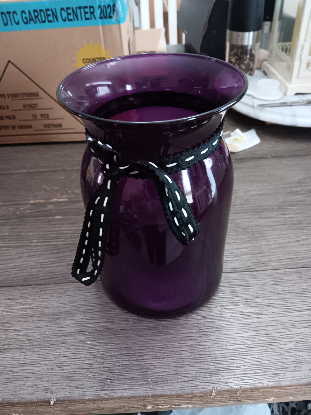 Unk Purple Glass Vase with Black Stitched Ribbon - Home Accents